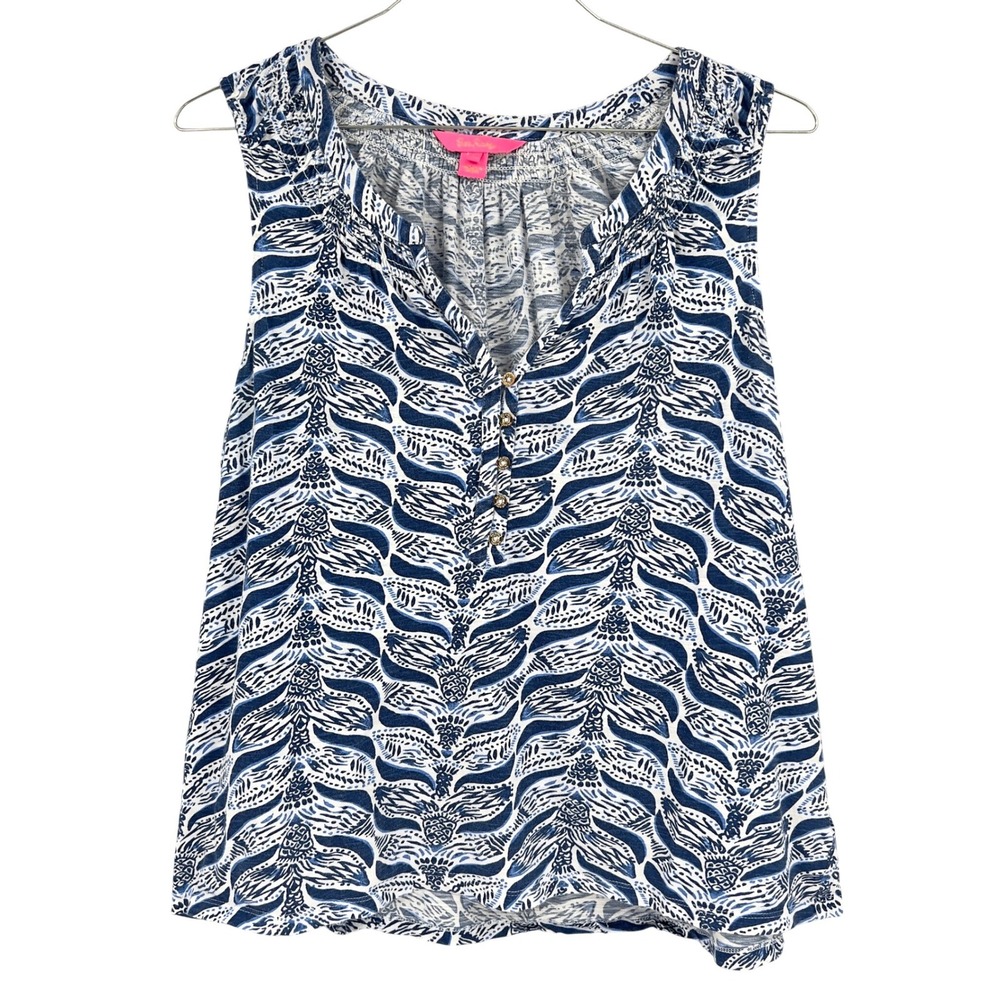 Lilly Pulitzer Womens XXL Sleeveless Henley Top Blue White Smocked